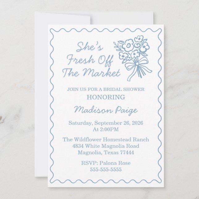 Whimsical Fresh off Market Blue Brautparty Einladung (Vorderseite)