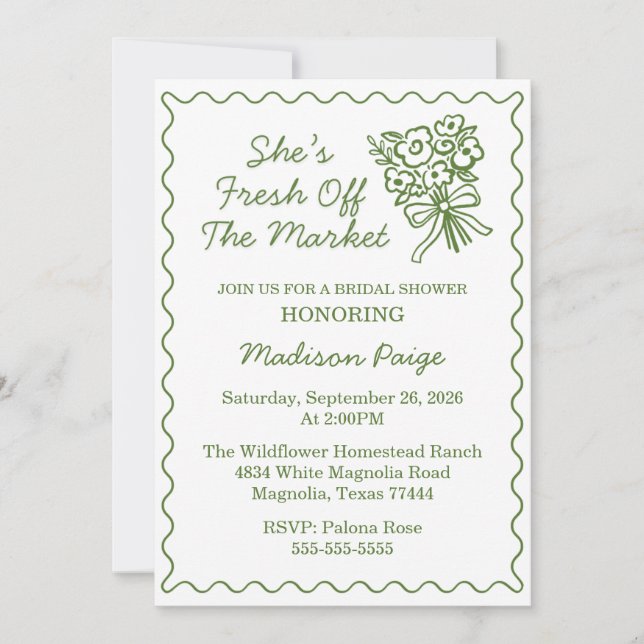 Whimsical Fresh off Market Green Brautparty Einladung (Vorderseite)
