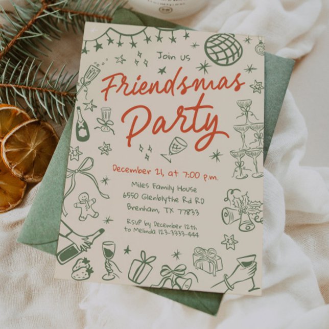 Whimsical Friendsmas Party Einladung, Handgezeichn Einladung (Von Creator hochgeladen)