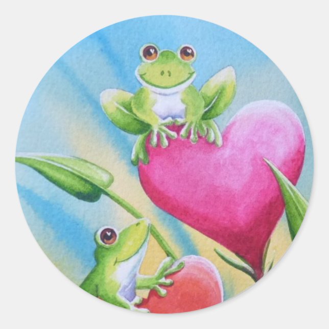 Whimsical Frogs and Hearcolor Art Runder Aufkleber (Vorderseite)