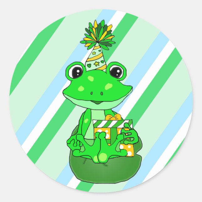 Whimsical Frosch on Lily pad Birthday Runder Aufkleber (Vorderseite)