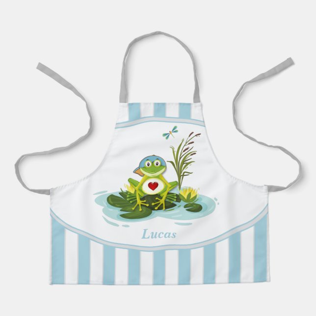 Whimsical Frosch | Personalisiertes blaues Streife Schürze (Vorderseite)