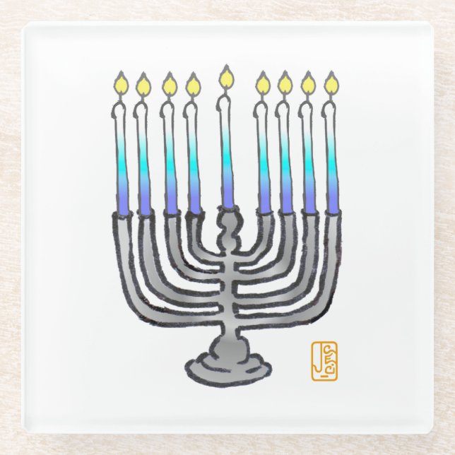Whimsical Fully Lit Menorah Geschenk Glasuntersetzer (Vorderseite)