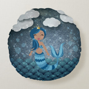 Whimsical Fun Blau und Türkis Meerjungfrau und Mee Rundes Kissen
