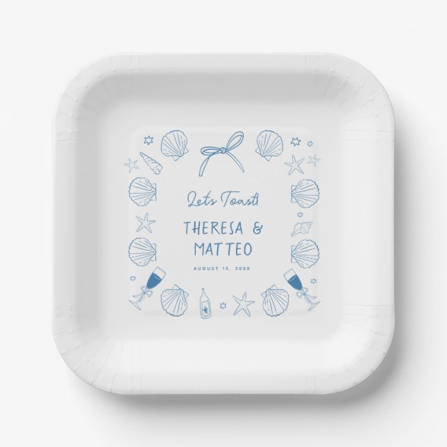 Whimsical Fun Hand Drawn Nautical Coastal Hochzeit Pappteller (Vorderseite)
