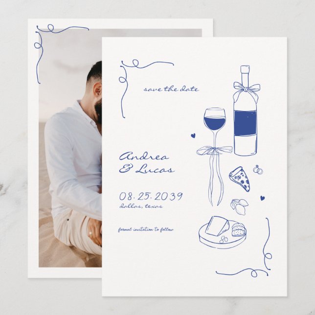 Whimsical Fun Hand Drawn Rahmen Weinpfeifen Hochze Save The Date (Vorne/Hinten)