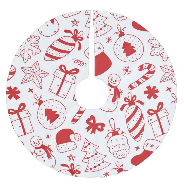 Whimsical, Fun Red & White Christmas Polyester Weihnachtsbaumdecke (Vorderseite)