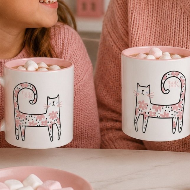 Whimsical Fun Rosa Florale Katze Think Pink Tasse (Von Creator hochgeladen)