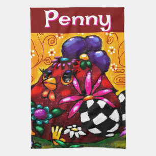Whimsical Funky Chunky Floral Chicken Personalisie Geschirrtuch