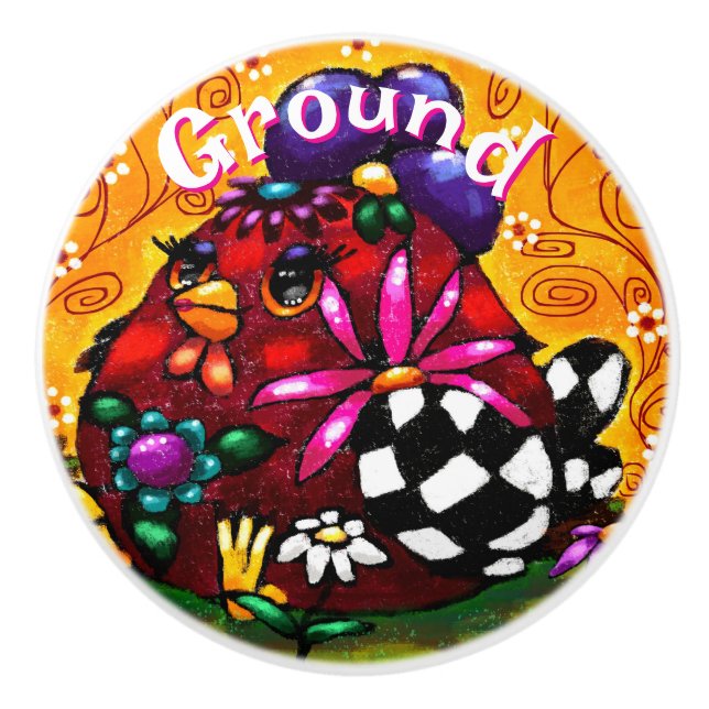 Whimsical Funky Chunky Floral Chicken Personalisie Keramikknauf (Vorderseite)