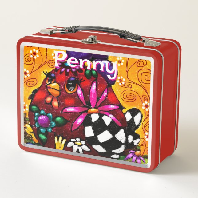 Whimsical Funky Chunky Floral Chicken Personalisie Metall Brotdose (Vorderseite)