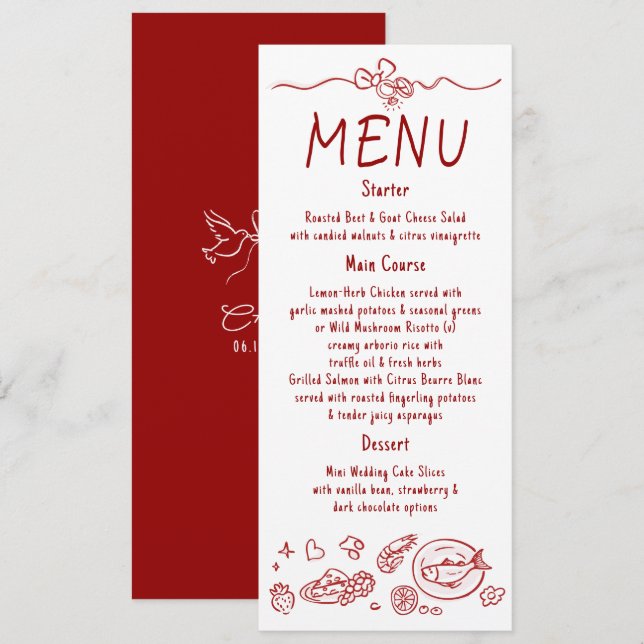 Whimsical Funky Decor Handwritten Red Wedding Menu Menükarte (Vorne/Hinten)