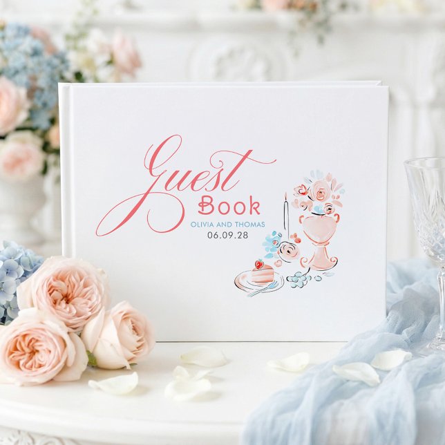 Whimsical Funky Floral Quirky Hand Drawn Wedding Gästebuch (Dusty Blue and Pink Whimsical Wedding Guest Book)