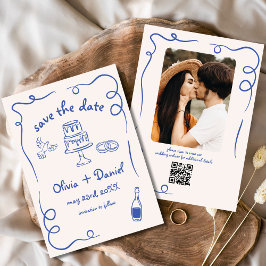 Whimsical Funky Hand Drawn Blue Wedding Foto Save The Date
