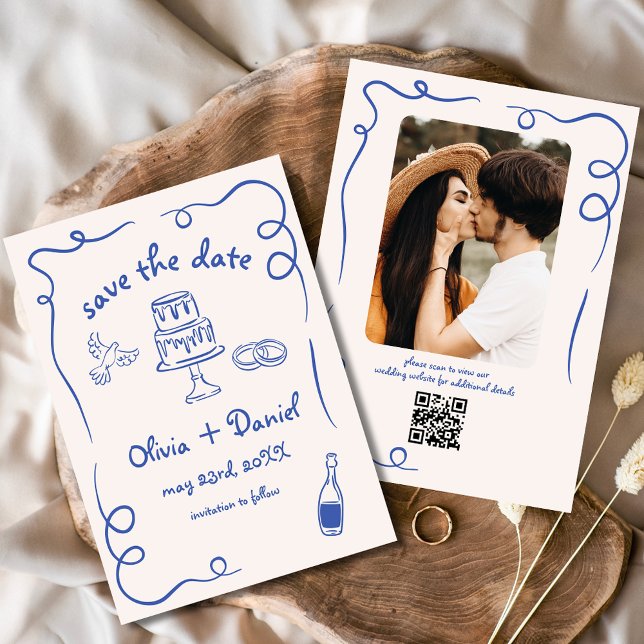Whimsical Funky Hand Drawn Blue Wedding Foto Save The Date (Von Creator hochgeladen)
