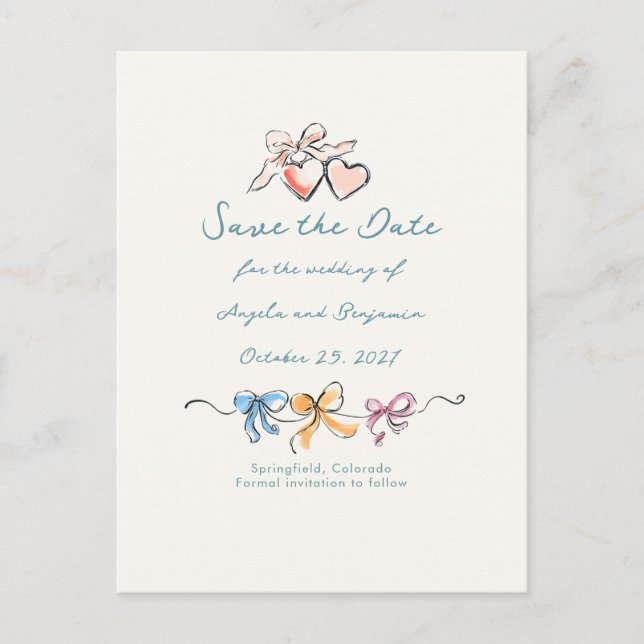 Whimsical Funky Hand Drawn Bows Save The Date Ankündigungspostkarte (Vorderseite)