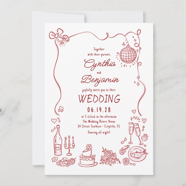 Whimsical Funky Hand Drawn Burgundy Retro Wedding Einladung (Vorderseite)