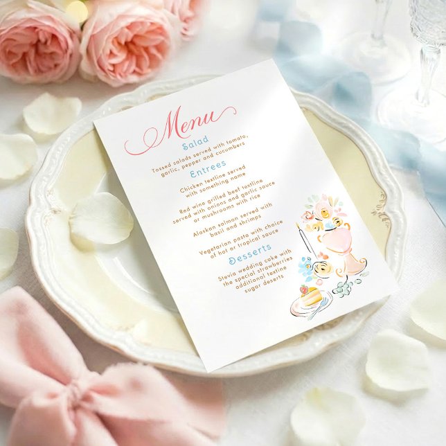 Whimsical Funky Hand Drawn Pastel Wedding Menu Menükarte (Whimsical Hand-drawn Menu Cards Pastel)