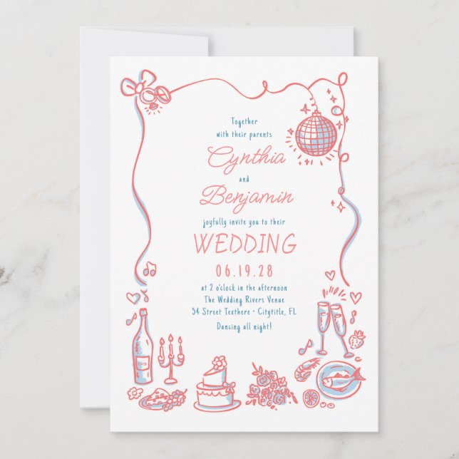 Whimsical Funky Hand Drawn Pink Blue Wedding Einladung (Vorderseite)