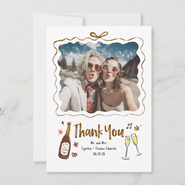 Whimsical Funky Hand Drawn Wedding Foto Dankeskarte (Vorderseite)