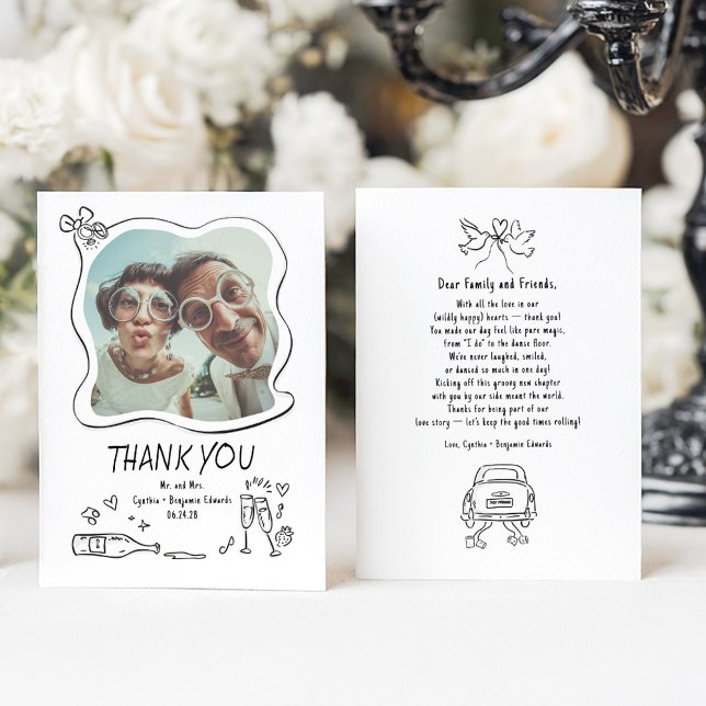 Whimsical Funky Hand Drawn Wedding Photo Dankeskarte (Quirky Funky Drawings Wedding Thank You Photo Cards)