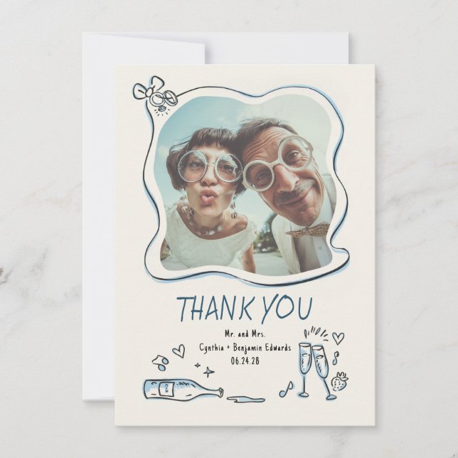 Whimsical Funky Hand Drawn Wedding Photo Dankeskarte (Vorderseite)