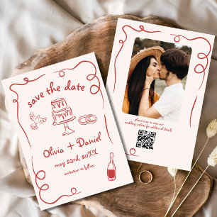 Whimsical Funky Handgezeichnetes rotes Hochzeitsfo Save The Date