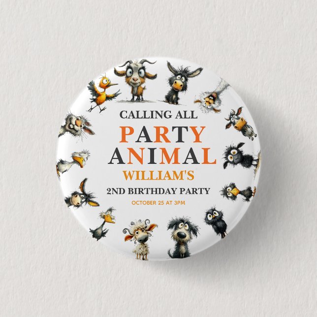 Whimsical Funny Animals 2nd Birthday Party Button (Vorderseite)
