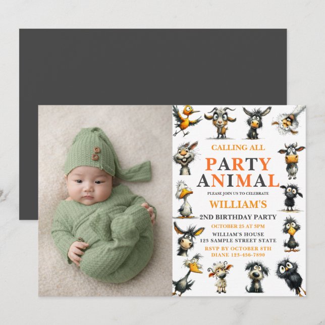 Whimsical Funny Animals 2nd Birthday Party Einladung (Vorne/Hinten)