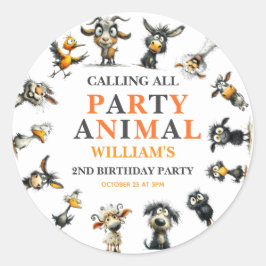Whimsical Funny Animals 2nd Birthday Party Runder Aufkleber