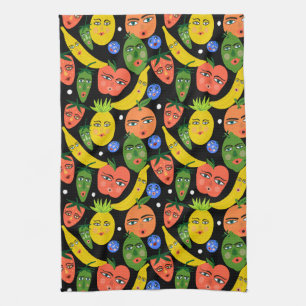 Whimsical Funny Fruchtsalat Muster Schwarz Geschirrtuch