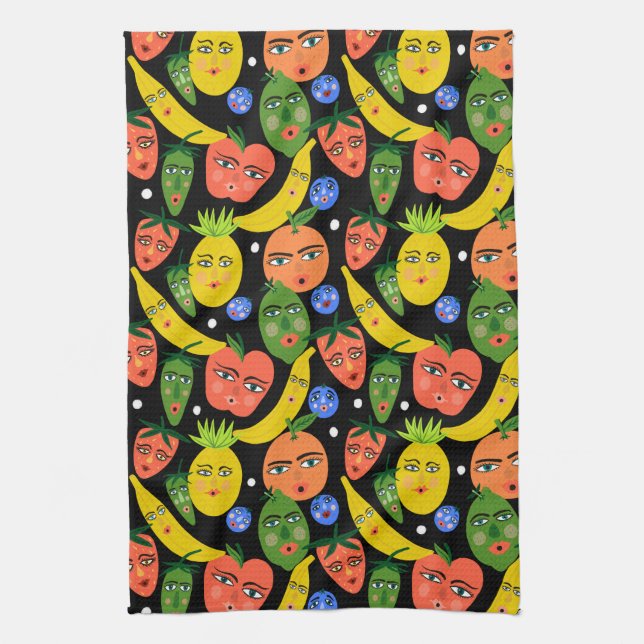 Whimsical Funny Fruchtsalat Muster Schwarz Geschirrtuch (Vertikal)