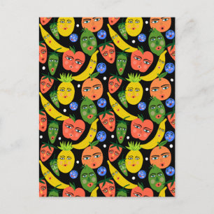 Whimsical Funny Fruchtsalat Muster Schwarz Postkarte