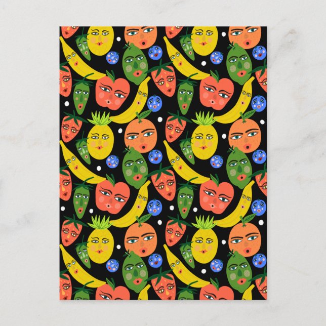 Whimsical Funny Fruchtsalat Muster Schwarz Postkarte (Vorderseite)