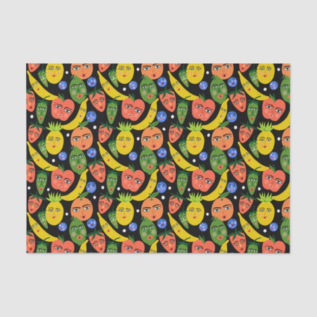 Whimsical Funny Fruchtsalat Muster Schwarz Seidenpapier (Vorderseite)