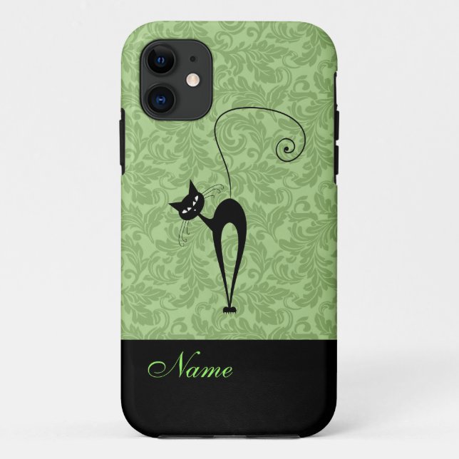 Whimsical Funny trendy Black Cat Damask Case-Mate iPhone Hülle (Rückseite)