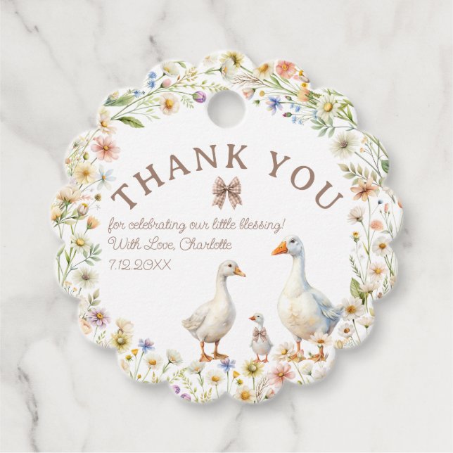 Whimsical Gänse Baby Dusche Danke Geschenkanhänger (Vorderseite)