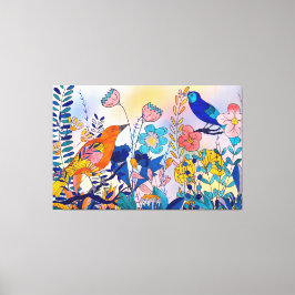 Whimsical Garden Birds and Blooms Leinwanddruck