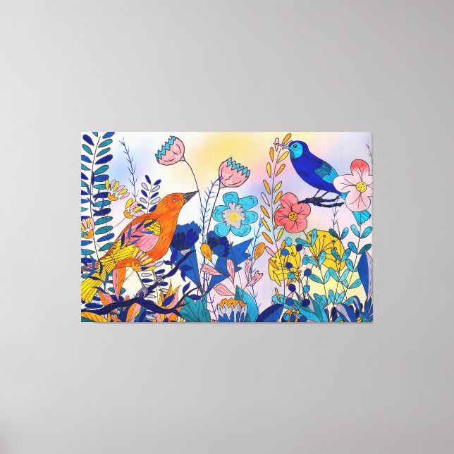 Whimsical Garden Birds and Blooms Leinwanddruck (Vorderseite)