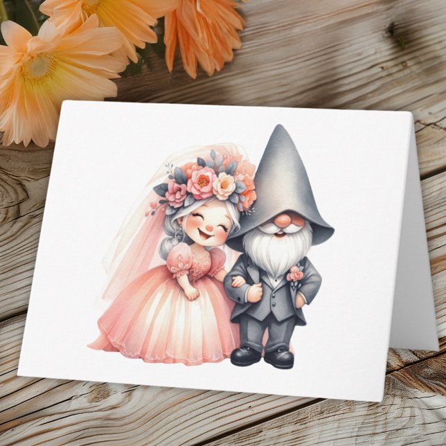 Whimsical Garden Gnome Summer Orange Wedding Karte (Von Creator hochgeladen)