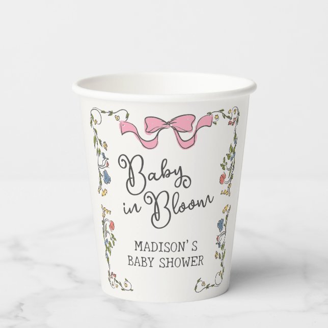 Whimsical Garden Party Doodle Floral Baby Dusche Pappbecher (Rückseite)