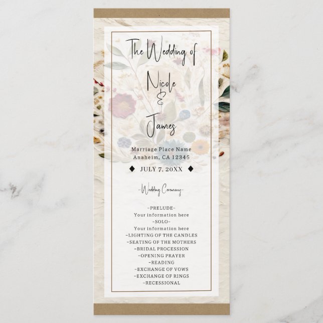 Whimsical Garden Pressed Blume Bohemisch Hochzeit Programm (Vorderseite)