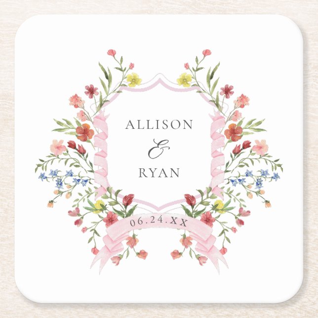 Whimsical Garden Wedding Wappen Monogram Rechteckiger Pappuntersetzer (Vorderseite)