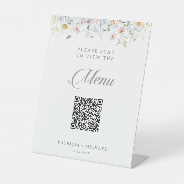 Whimsical Garden Wildflower QR-Code Hochzeitsmenü Sockelschild (Vorderseite)