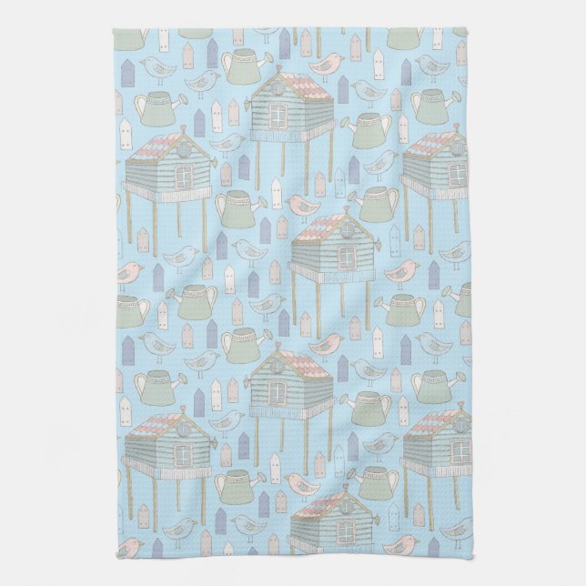 Whimsical Gardener Muster auf Blue Geschirrtuch (Vertikal)