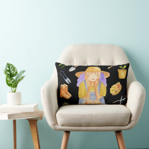 Whimsical Gardening Lady Wasserfarbenkunst Lendenkissen