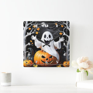 Whimsical Geist feiert Halloween bei einem Kürbis Quadratische Wanduhr