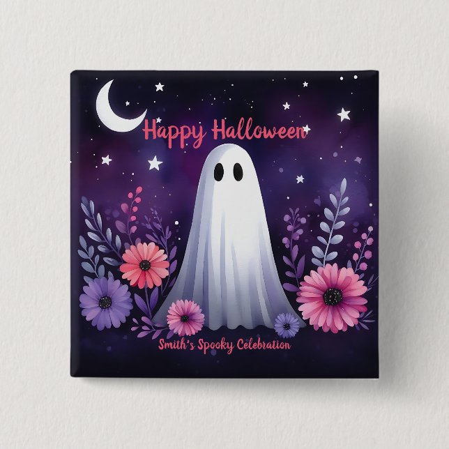 Whimsical Geist und Floral Spooky Pink Lila Button (Vorderseite)