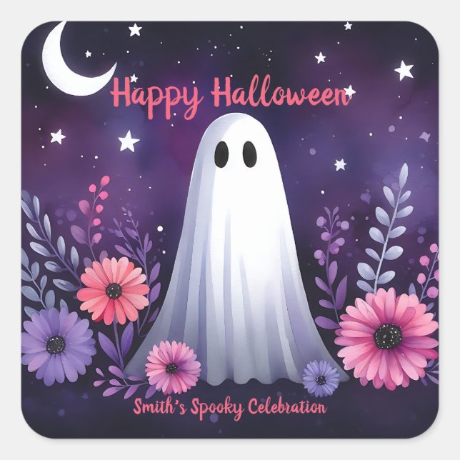 Whimsical Geist und Floral Spooky Pink Lila Quadratischer Aufkleber (Vorderseite)