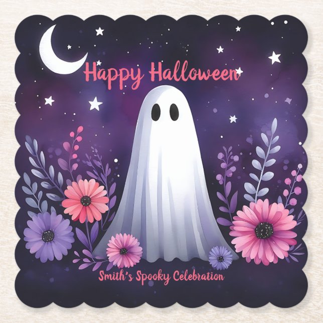Whimsical Geist und Floral Spooky Pink Lila Untersetzer (Vorderseite)
